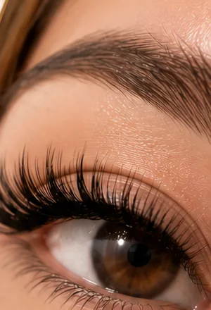 Close-up of full, dark eyelash extensions